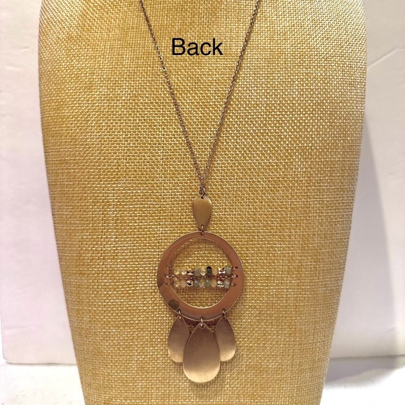 Jade & Jasper Necklace- long gold tone w/ brushed gold beaded pendant teardrop - Picture 9 of 12